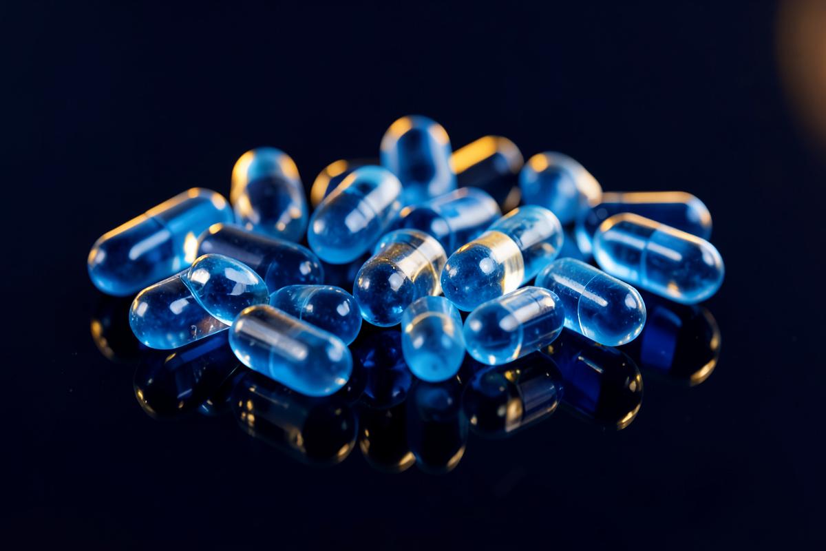 Blue soft gel gummies from the Jellyfil premium formula on a dark surface