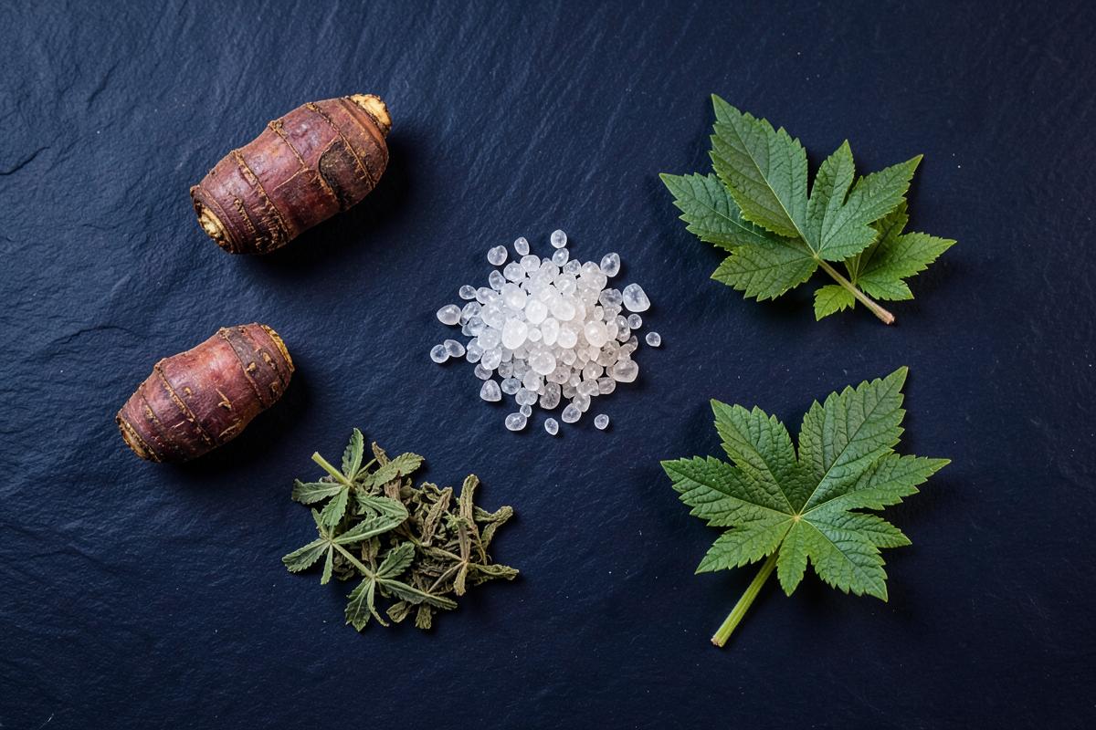 Botanical ingredients commonly used in male enhancement formulas: ginseng root, maca, herbal leaves and zinc