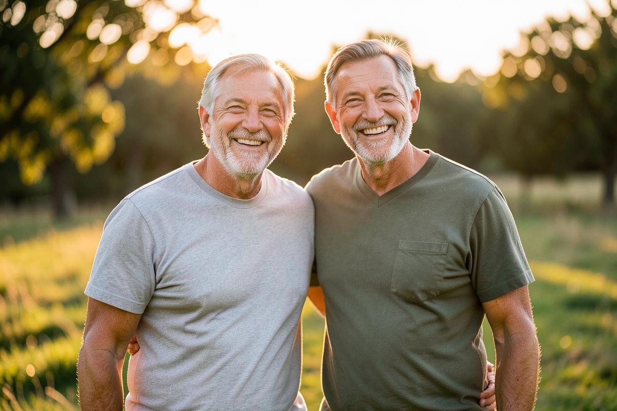 Two men in their fifties smiling outdoors, representing everyday energy and confidence